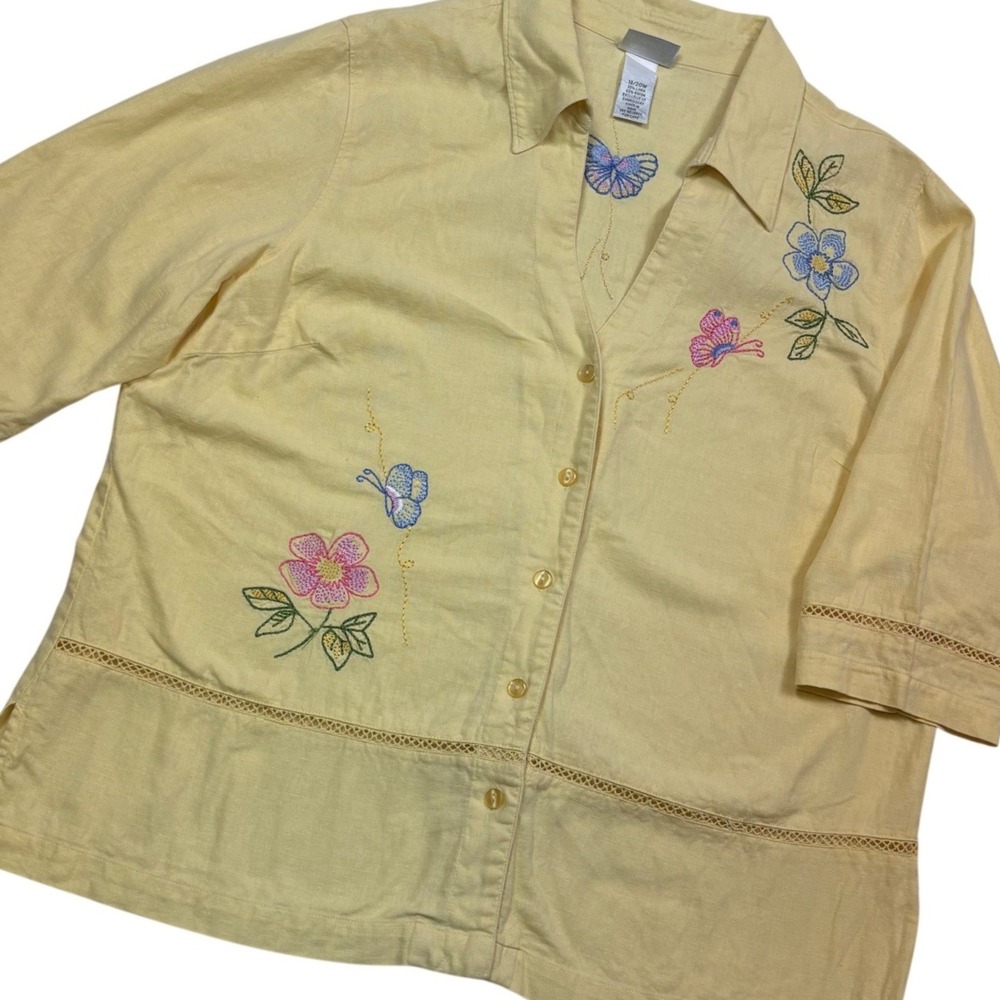 Fashion Bug Blouse Women 18/20W Yellow Linen Blend Embroidered Butterfly Floral